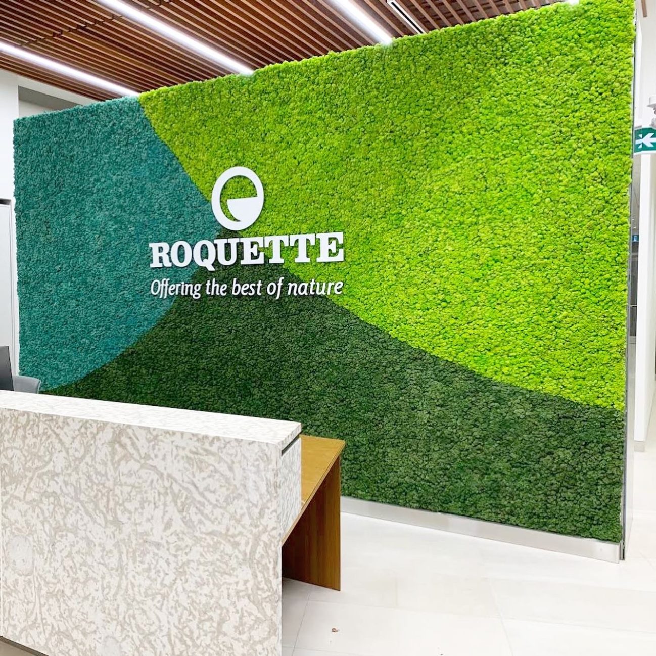 Preserved moss signage for Roquette pea factory