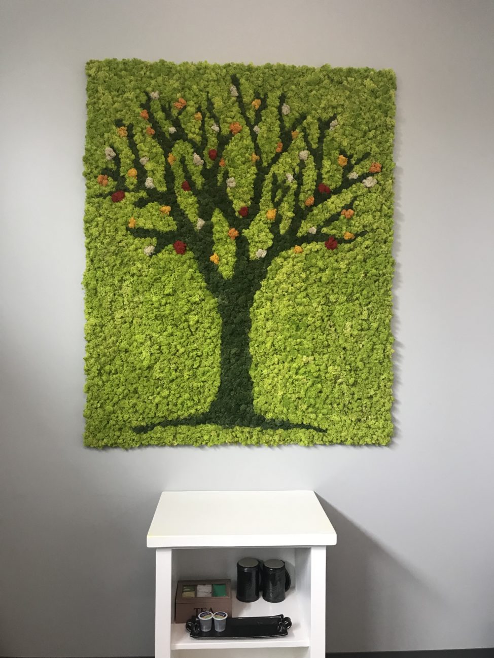 Tree design and creation in multicolor reindeer mosses by Off the Wall